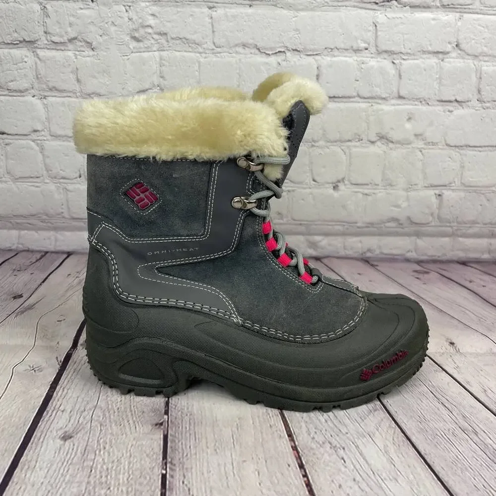 Columbia Omni-Heat Gray Pink Winter Snow Boots Girl Size 6/W Size 8 (BY1291-022)